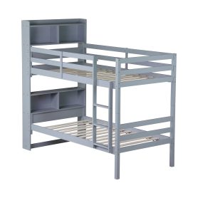 Twin Over Twin Bunk Bed With Shelves Headboard, Safety Guardrails And Ladder