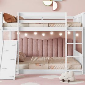 Twin Over Twin Floor Bunk Bed With Climbing Ramp, Ladder, Safety Guardrails