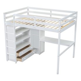 Wood Full Size Loft Bed with Built-in Wardrobe, Desk, Storage Shelves and Drawers