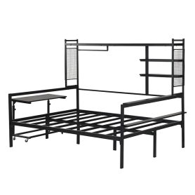 Full Size Metal Daybed With Movable Desk, Metal Grid, Shelves And Clothes Hanger