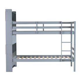 Twin Over Twin Bunk Bed With Shelves Headboard, Safety Guardrails And Ladder