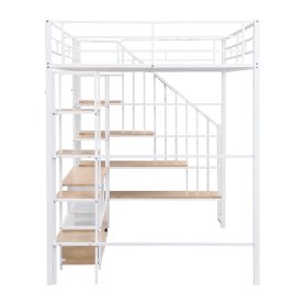 Full Size Metal Loft Bed with Staircase,Low Storage Table and Storage Shelves