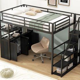 Full Size Metal Loft Bed with Storage Staircase and Wardrobe, Shelves and Lockers
