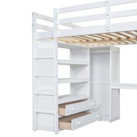 Wood Full Size Loft Bed with Built-in Wardrobe, Desk, Storage Shelves and Drawers