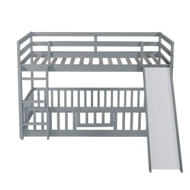 Twin Over Twin Floor Bunk Bed With Slide, Ladder, Door and Safety Guardrails