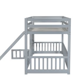 Twin Over Twin Floor Bunk Bed With Slide, Ladder, Door and Safety Guardrails