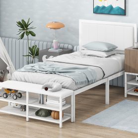 Twin Size Metal Platform Bed With Two-tier Storage Shelves and Storage Cabinet 24 Twin Size Metal Platform Bed With Two-tier Storage Shelves and Storage Cabinet