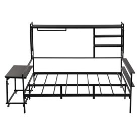 Full Size Metal Daybed With Movable Desk, Metal Grid, Shelves And Clothes Hanger