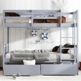 Twin Over Twin Rubber Wood Bunk Bed with 2 Drawers, Convertible into 2 Twin Beds
