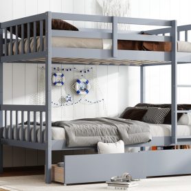 Twin Over Twin Rubber Wood Bunk Bed with 2 Drawers, Convertible into 2 Twin Beds