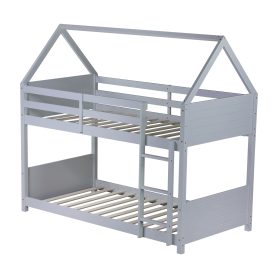 Twin Over Twin House Floor Bunk Bed with Headboards, Footboards and Guardrails 15 Rubber Wood Twin Over Twin House Floor Bunk Bed With Headboards, Footboards, Guardrails And Ladder