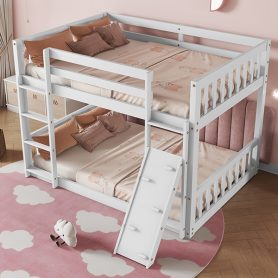 Twin Over Twin Floor Bunk Bed With Climbing Ramp, Ladder, Safety Guardrails