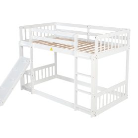 Twin Over Twin Floor Bunk Bed With Climbing Ramp, Ladder, Safety Guardrails