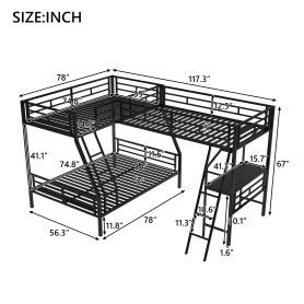 Metal Black Twin Over Full Bunk Bed With A Twin Size Loft Bed Attached and A Desk