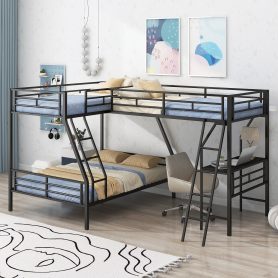 Metal Black Twin Over Full Bunk Bed With A Twin Size Loft Bed Attached and A Desk