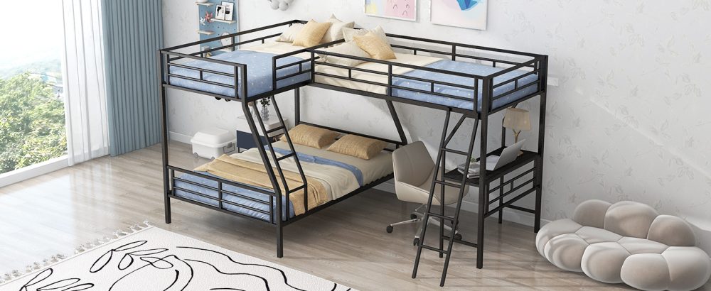 Metal Black Twin Over Full Bunk Bed With A Twin Size Loft Bed Attached ...