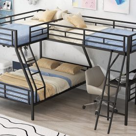 Metal Black Twin Over Full Bunk Bed With A Twin Size Loft Bed Attached and A Desk