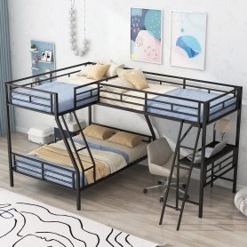 Metal Black Twin Over Full Bunk Bed With A Twin Size Loft Bed Attached and A Desk