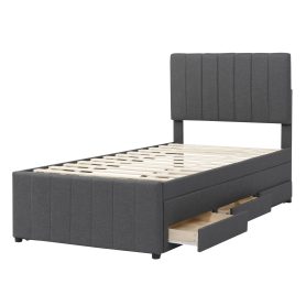 Twin Size Upholstered Platform Bed with Trundle and 3 Drawers