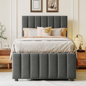 Twin Size Upholstered Platform Bed with Trundle and 3 Drawers