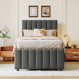 Twin Size Upholstered Platform Bed with Trundle and 3 Drawers