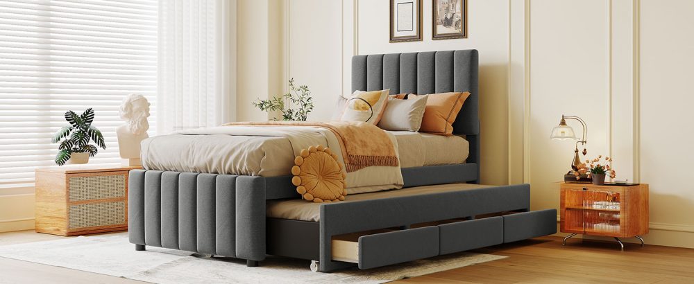 Twin Size Upholstered Platform Bed with Trundle and 3 Drawers - Cool ...