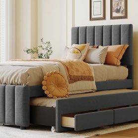 Twin Size Upholstered Platform Bed with Trundle and 3 Drawers