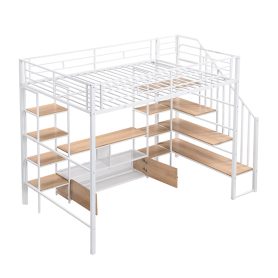 Full Size Metal Loft Bed with Staircase,Low Storage Table and Storage Shelves