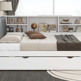 Wood Full Size Platform Bed with Trundle, Shelves and Storage Headboard