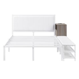 Full Size Metal Platform Bed With Two-tier Storage Shelves and Storage Cabinet