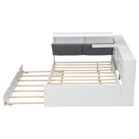 Wood Full Size Platform Bed with Trundle, Shelves and Storage Headboard