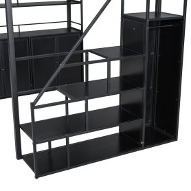 Full Size Metal Loft Bed with Storage Staircase and Wardrobe, Shelves and Lockers
