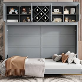 Queen Size Murphy Bed Wall Bed with Top Cabinets & Wine Rack