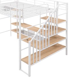 Full Size Metal Loft Bed with Staircase,Low Storage Table and Storage Shelves