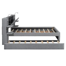 Queen Size Upholstered Platform Bed with Reading Lights, Drawers, Trundle and Shelves