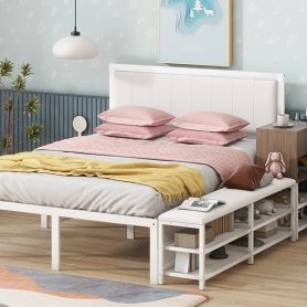 Full Size Metal Platform Bed With Two-tier Storage Shelves and Storage Cabinet