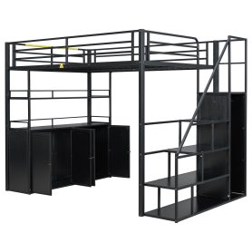 Full Size Metal Loft Bed with Storage Staircase and Wardrobe, Shelves and Lockers