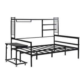 Full Size Metal Daybed With Movable Desk, Metal Grid, Shelves And Clothes Hanger