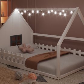 Full Size Wood House Bed with Window and Fence