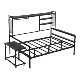 Full Size Metal Daybed With Movable Desk, Metal Grid, Shelves And Clothes Hanger