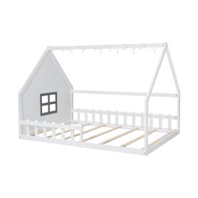 Full Size Wood House Bed with Window and Fence