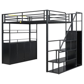 Full Size Metal Loft Bed with Storage Staircase and Wardrobe, Shelves and Lockers