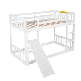 Twin Over Twin Floor Bunk Bed With Climbing Ramp, Ladder, Safety Guardrails