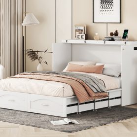 Queen Size Murphy Bed with Drawer and a set of Sockets & USB Ports, Pulley Structure Design