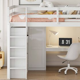 Wood Full Size Loft Bed with Built-in Wardrobe, Desk, Storage Shelves and Drawers