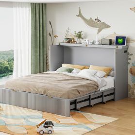 Queen Size Murphy Bed with drawer and a set of Sockets & USB Ports, Pulley Structure Design