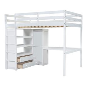Wood Full Size Loft Bed with Built-in Wardrobe, Desk, Storage Shelves and Drawers