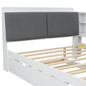 Wood Full Size Platform Bed with Trundle, Shelves and Storage Headboard