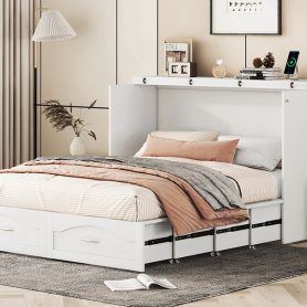 Queen Size Murphy Bed with Drawer and a set of Sockets & USB Ports, Pulley Structure Design