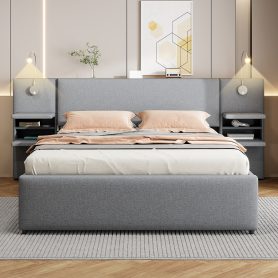 Queen Size Upholstered Platform Bed with Reading Lights, Drawers, Trundle and Shelves